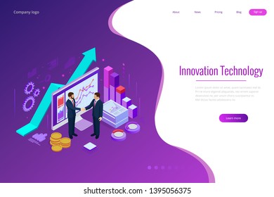 Isometric business-to-business sales. Businessmen shaking hands. Business cooperation, conclusion of an agreement. Data and key performance indicators for business intelligence analytics