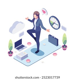 Isometric Businesswoman Balancing Work and Life with Meditation and Mindfulness Activities. Work Life Balance and Mindfulness Concept