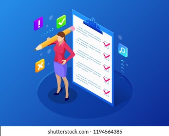 Isometric businesswoman with checklist and to do list. Clipboard with a checklist. Project management, planning and keeping score of the completed tasks concept.