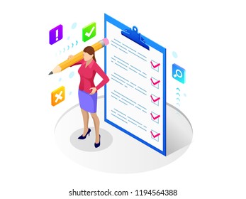 Isometric businesswoman with checklist and to do list. Clipboard with a checklist. Project management, planning and keeping score of the completed tasks concept.