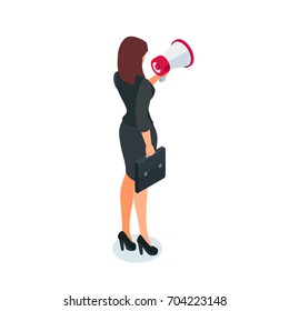 Isometric businesswoman with loudspeaker in hand. 3d businesswoman with a megaphone in her hand isolated on a white background. Vector illustration.