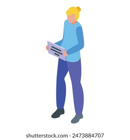 Isometric businesswoman standing and elegantly reading a modern document in a corporate office, analyzing financial report. Colorful vector illustration