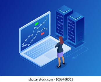 Isometric businesswomen trading stocks online. Stock broker looking at graphs, indexes and numbers on multiple computer screens. Cryptocurrency and Blockchain concept. Isometric businesswomen trading stocks online. Stock broker looking at graphs, indexes and numbers on multiple computer screens. Cryptocurrency and Blockchain concept.