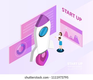 Isometric Businnes Start Up Concept. There are people present the project in fornt of the screens. Vector Business Infographics illustration