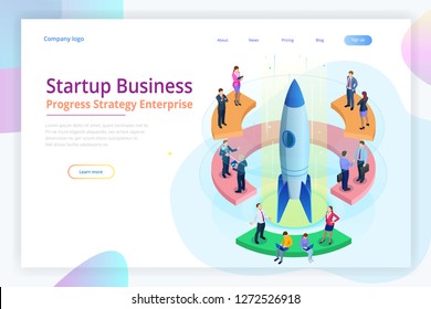 Isometric Businnes Start Up for web page, banner, presentation, social media concept landing page design. Income and Success. Vector Business illustration