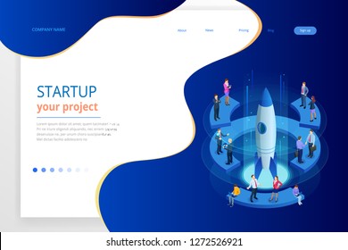 Isometric Businnes Start Up for web page, banner, presentation, social media concept landing page design. Income and Success. Vector Business illustration