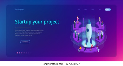Isometric Businnes Start Up for web page, banner, presentation, social media concept landing page design. Income and Success. Vector Business illustration