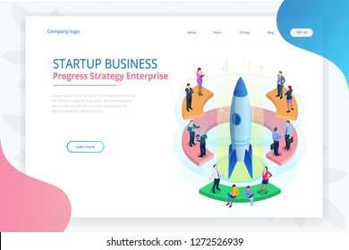 Isometric Businnes Start Up for web page, banner, presentation, social media concept landing page design. Income and Success. Vector Business illustration