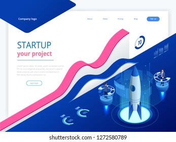 Isometric Businnes Start Up for web page, banner, presentation, social media concept landing page design. Income and Success. Vector Business Infographics illustration