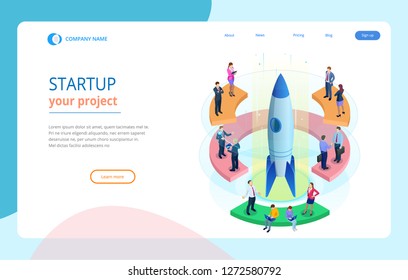 Isometric Businnes Start Up for web page, banner, presentation, social media concept landing page design. Income and Success. Vector Business Infographics illustration