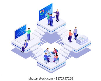 Isometric bussines co-working space concept. Creative people in the modern office. Teamwork is working together with laptop, tablet, smartphone, notebook. Successful hipster team in coworking space.