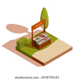 isometric butcher stand at farmers market, vector illustration