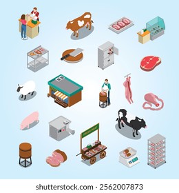 Isometric Butchery Icons Flowchart food market