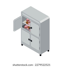 Isometric butchery interior icon with meat products in refrigerator 3d vector illustration