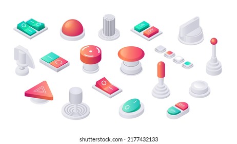 Isometrische Knöpfe. 3D-Umschalter und -Schieberegler, analoge Bedienfeld-Regler einzeln, Lautstärkerebler und Funkregler. Vektorgrafik-Sammlung der Schaltknopfkollektion