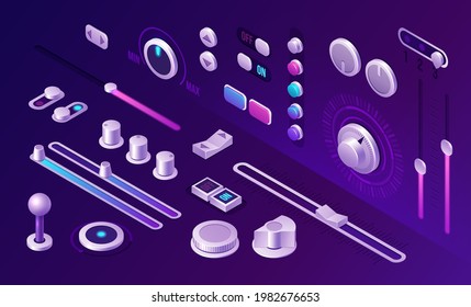 Isometric buttons, control panel interface elements for music player, dj mixer, game or mobile application. Switch on and off, joystick, equalizer, volume UI recorder app audio digital 3d vector set