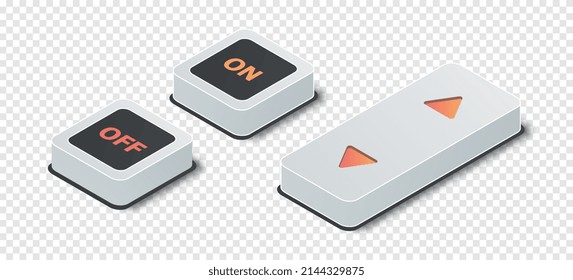 Isometric buttons set. Gadgets and devices, graphic elements for electronics store. Modern technologies and innovations. Realistic isometric vector illustrations isolated on transparent background