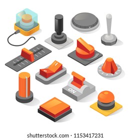 Isometric buttons vector set. isolated from background collection of various realistic buttons, levers, sliders, toggle switches in gray and red or orange colors. Isometric or 3d design.