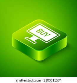 Isometric Buy icono aislado en el fondo verde. Botón cuadrado verde. Vector