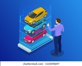 Isometric buy a car or rental a car online design web banner. Used cars app vector illustration