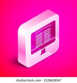 Isometric Buy cinema ticket online icon isolated on pink background. Service Concept. Silver square button. Vector Illustration