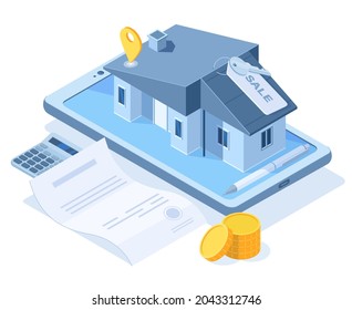 Isometric comprando el concepto de casa de ensueño, servicio de agencia inmobiliaria. Compra de propiedades inmobiliarias, compra de viviendas dulces ilustraciones vectoriales. Aplicación Smartphone para compra inmobiliaria. Edificio de viviendas de alquiler