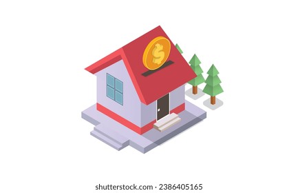 Isometric Buying a house with a mortgage and paying credit to the bank Invest money in real estate, home loans, rentals and home equity loans.on white background.isometric design. 3D design elements.