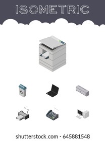 Isometric Cabinet Set Of Computer, Garbage Container, Office Phone And Other Vector Objects. Also Includes Bin, Telefax, Trash Elements.