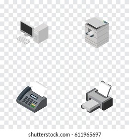 Isometric Cabinet Set Of Computer, Office Phone, Printing Machine And Other Vector Objects. Also Includes Telefax, Photocopier, Fax Elements.