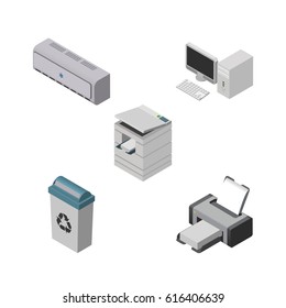 Isometric Cabinet Set Of Garbage Container, Wall Cooler, Printing Machine And Other Vector Objects. Also Includes Bin, Photocopier, Trash Elements.