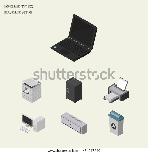 Isometric Cabinet Set Garbage Container Laptop Stock Vector