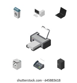 Isometric Cabinet Set Of Strongbox, Computer, Garbage Container And Other Vector Objects. Also Includes Telephone, Computer, Trash Elements.