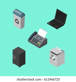 Isometric Cabinet Set Of Strongbox, Office Phone, Scanner And Other Vector Objects. Also Includes Notebook, Telephone, Trash Elements.