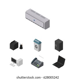 Isometric Cabinet Set Of Strongbox, Office Phone, Garbage Container And Other Vector Objects. Also Includes Junk, Air, Laptop Elements.