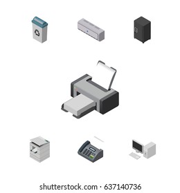 Isometric Cabinet Set Of Strongbox, Office Phone, Garbage Container And Other Vector Objects. Also Includes Conditioner, Air, Fax Elements.