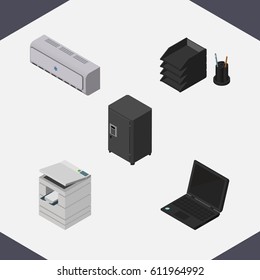 Isometric Cabinet Set Of Wall Cooler, Strongbox, Desk File Rack And Other Vector Objects. Also Includes Printer, Computer, Rack Elements.