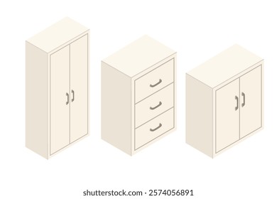 Isometric cabinets and drawers in white tones. Set of beige office or home furniture. Vector illustration isolated on white background