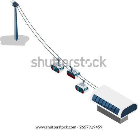 Isometric Cable Car Gondola System with Station  Winter Ski Lift Transport Vector