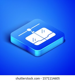 Isometric Cable car icon isolated on blue background. Funicular sign. Blue square button. Vector Illustration