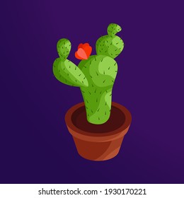 Isometric cactus with green sharp needles and a bright red flower. Drawing in 3D