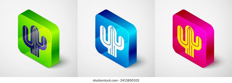 Isometric Cactus icon isolated on grey background. Square button. Vector