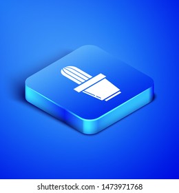 Isometric Cactus and succulent in pot icon isolated on blue background. Plant growing in a pot. Potted plant sign. Blue square button. Vector Illustration