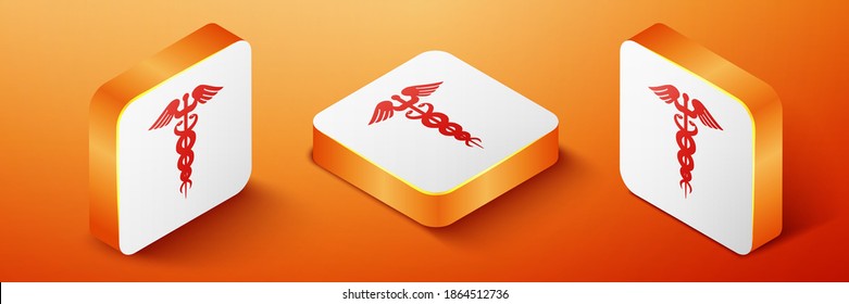 Isometric Caduceus medical symbol icon isolated on orange background. Medicine and health care concept. Emblem for drugstore or medicine, pharmacy snake. Orange square button. Vector.