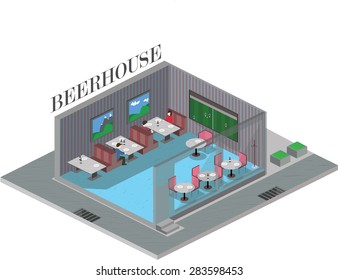 Isometric cafe. The building is enlightened and seen that in the inside. Vector graphics