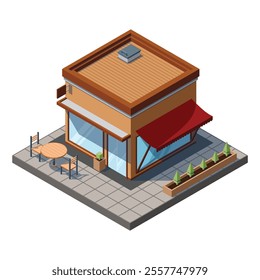 Isometric cafe building. Cafe building exterior. Cafe icon. Isometric shop or stores. Vector illustration