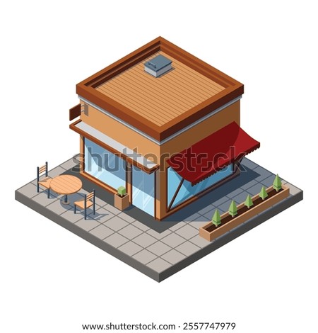 Isometric cafe building. Cafe building exterior. Cafe icon. Isometric shop or stores. Vector illustration