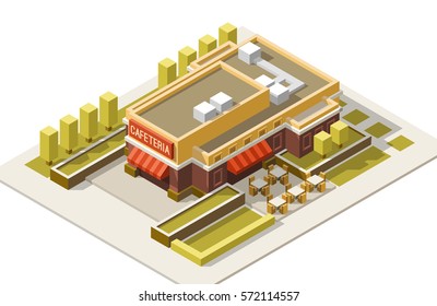 Isometric cafe building isolated on a white background. 3d vector illustration.