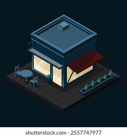 Isometric cafe building at night. Cafe building exterior. Cafe icon. Isometric shop or stores. Vector illustration