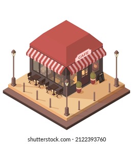 isometric cafe building on the street with tables and interior, vector illustration