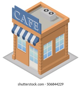 Isometric cafe building on a white background. Building icon in the isometric projection. Vector illustration.